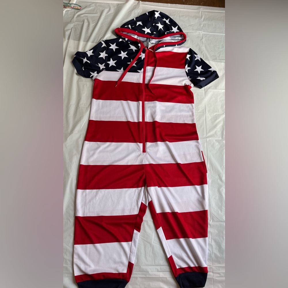 One piece, hooded romper/ red, white, and blue size small
